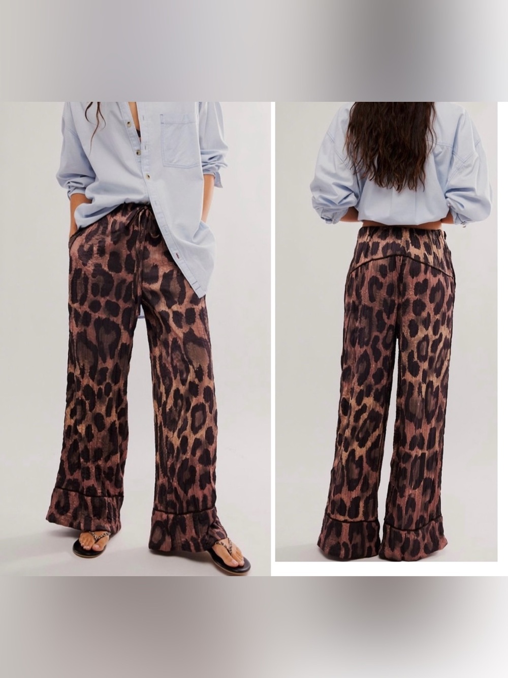 Free People All Out Satin Leopard Print Hammered Loose Wide Leg Pants Size M NEW